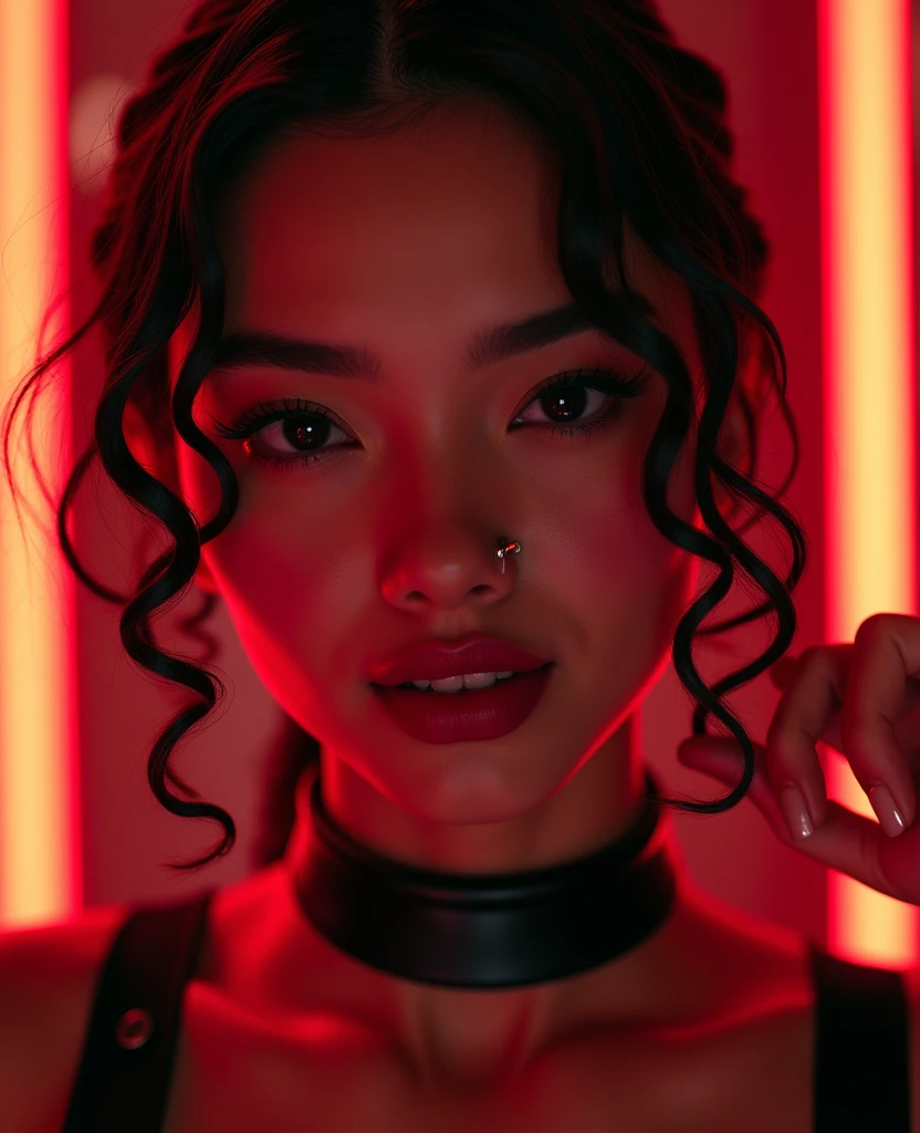 asian woman, young, naked, short curly braids, septum piercing, dimples, thick collar around neck, naughty expression, black latex, red neon lights, dominating smile, close-up, UHD, retina, masterpiece, accurate, anatomically correct, textured skin, super detail, high details, high quality, award winning, best quality, highres
