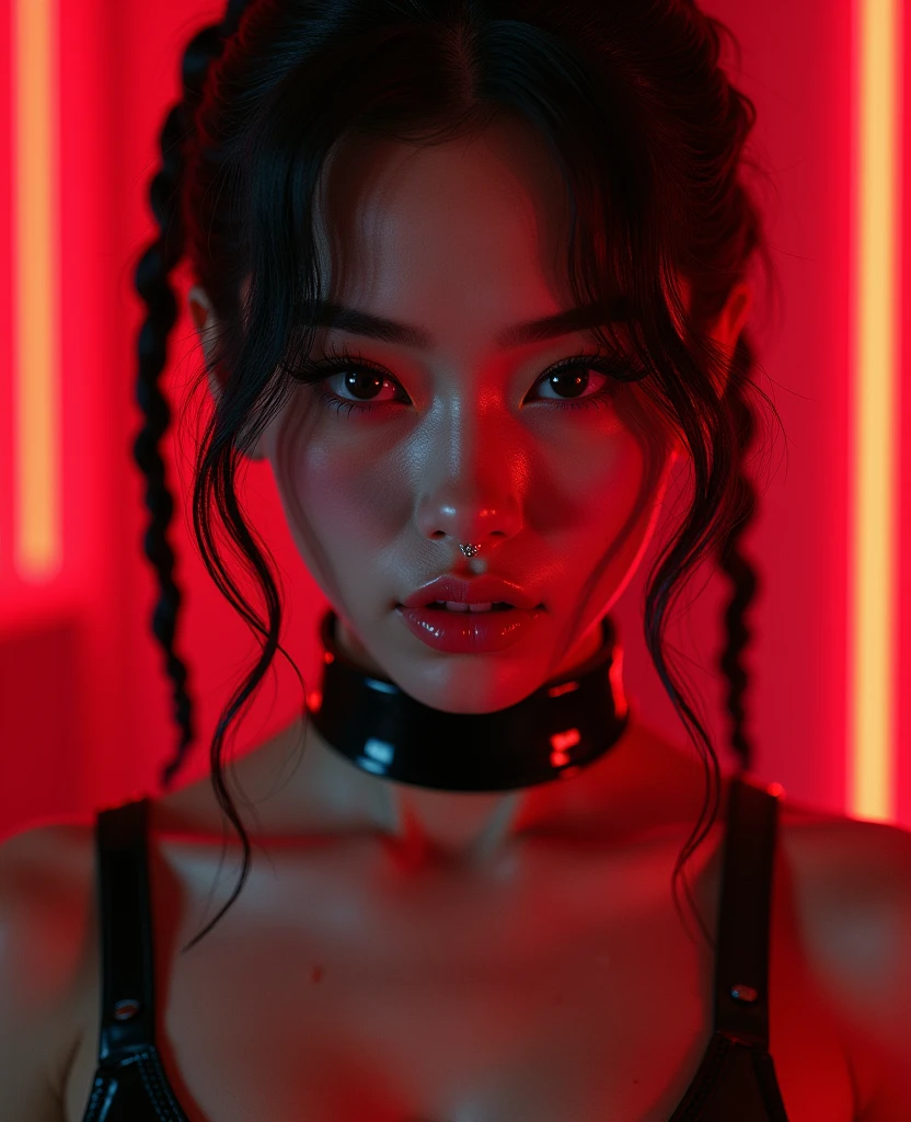 asian woman, young, naked, short curly braids, septum piercing, dimples, thick collar around neck, naughty expression, black latex, red neon lights, dominating smile, close-up, UHD, retina, masterpiece, accurate, anatomically correct, textured skin, super detail, high details, high quality, award winning, best quality, highres