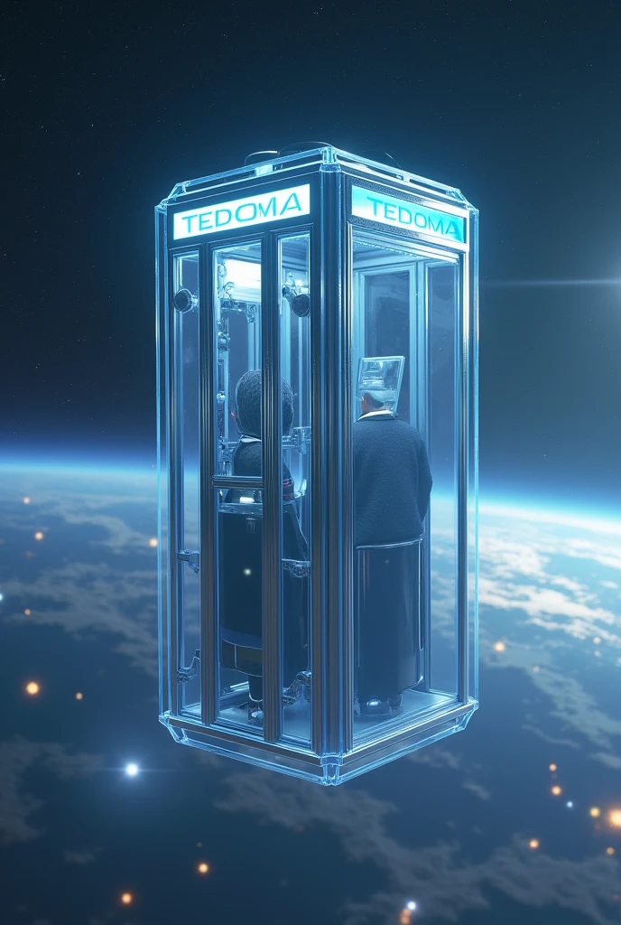 Há uma cabine telefônica flutuando no universe com planetas ao fundo, rendered in keyshot, police station, futuristic cabins, cabine no estilo TRON LEGACY, cabin made of glass, transparent cabins, universe, space sideral, represented as a 3D rendering, 3D rendering beep, space, phone booths, TEDOMA written at the top of the cabin, promotional rendering, sci-fi magic highly detailed.