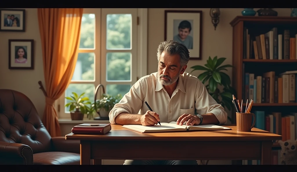 Ramesh sitting at his home, with images of his family and daily life at home coming to his mind as he writes