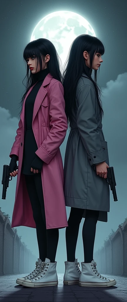 (Two young womens, long black hairs, yuri, Vampire Hunters

The first young women black eyes wear a pink long coat, black shirt, black pencil skirt, black underpants, black tights, black gloves, white sneakers high top.

The second young women black eyes wore a grey long coat, black shirt, black pencil skirt, black underpants, black tights, black gloves, white sneakers high top.

They are turn backs to each other, holding a pistol handguns, black grey sky, fantastic night sky, moon, cartoon novel, 4K, HD