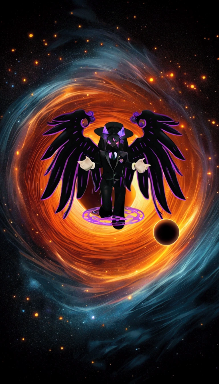 there is a black cat with purple wings and a black cat with purple wings, profile picture 1024px, cosmic horror entity with wings, black hole time portal, blackhole sun, in the void, void vortex, is being drawn into a blackhole, roblox avatar, black hole sun, traveling into a blackhole, the angel of death with a halo