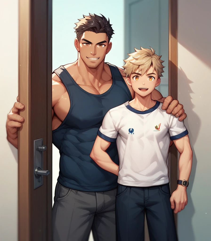 Nfsw, 1 muscle man, handsome face, anime face, 1 good looking young man, difference size, difference age,detail face, best quality, masterpiece, detail face, at front door of club, standing,