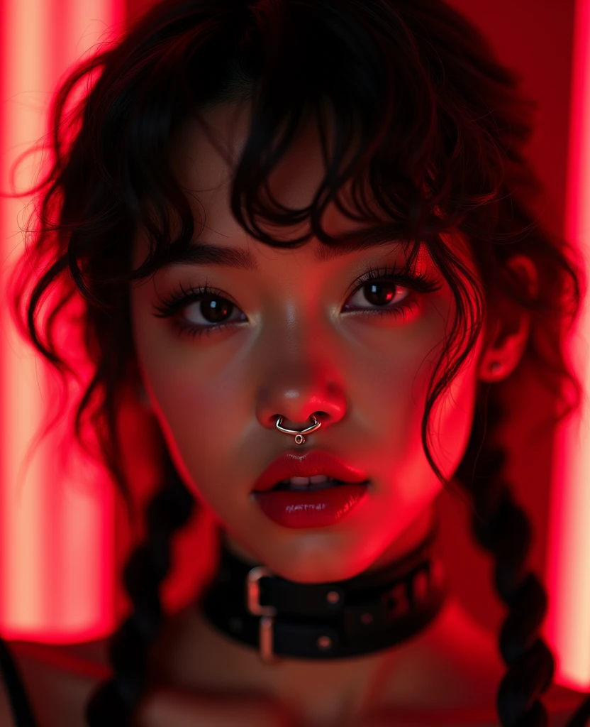 asian woman, young, naked, short curly braids, septum piercing, dimples, thick collar around neck, naughty expression, black latex, red neon lights, dominating smile, close-up, UHD, retina, masterpiece, accurate, anatomically correct, textured skin, super detail, high details, high quality, award winning, best quality, highres