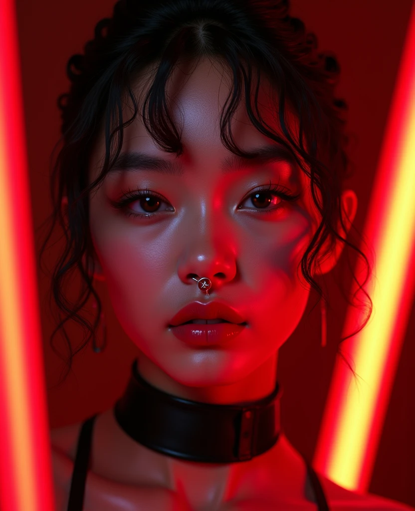 asian woman, young, naked, short curly braids, septum piercing, dimples, thick collar around neck, naughty expression, black latex, red neon lights, dominating smile, close-up, UHD, retina, masterpiece, accurate, anatomically correct, textured skin, super detail, high details, high quality, award winning, best quality, highres
