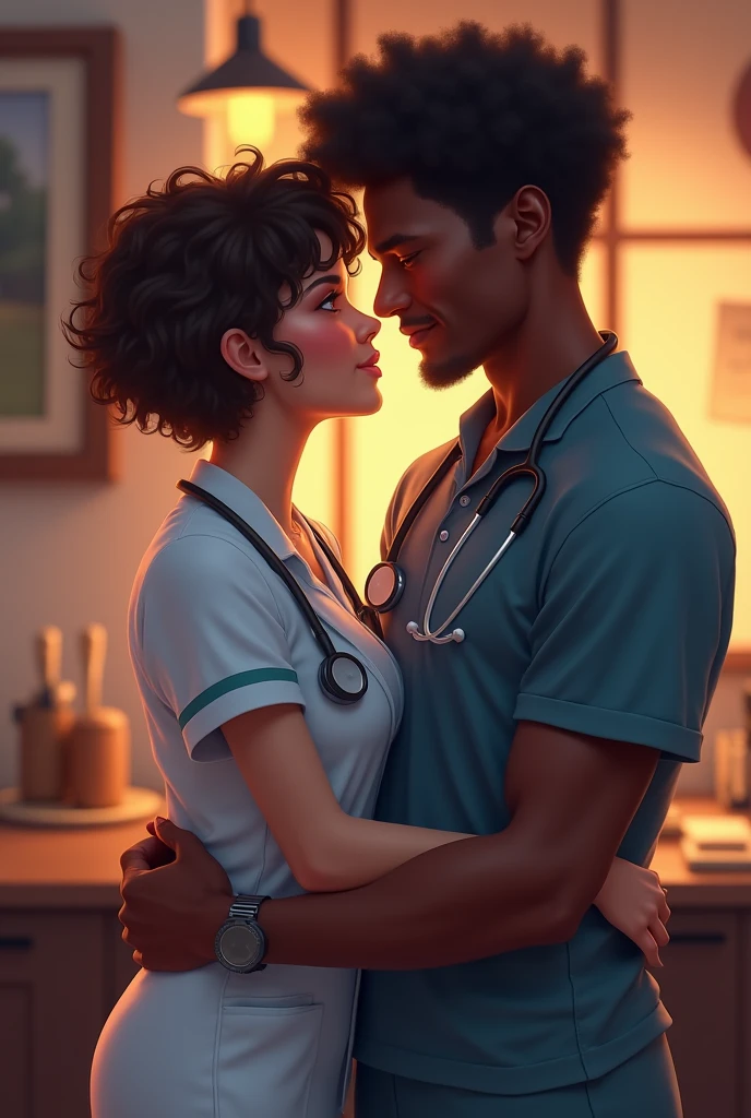 A couple, a brunette nurse with short curly hair and a black man with curly hair who works in programming.