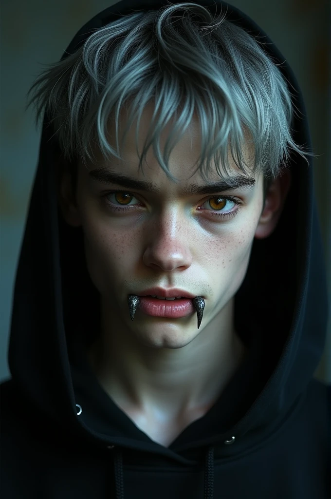 A male teenager with short grey hair with brown eyes with vampire teeth wearing a black hoodie 