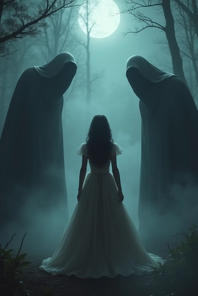 "A dark, foreboding forest clearing under a moonless sky, shrouded in mist. In the center, a young black woman dressed as a princess is struggling, her expression a mix of fear and defiance. Three shadowy figures loom over her menacingly, their faces hidden in darkness. The scene is tense, with an eerie stillness in the air."