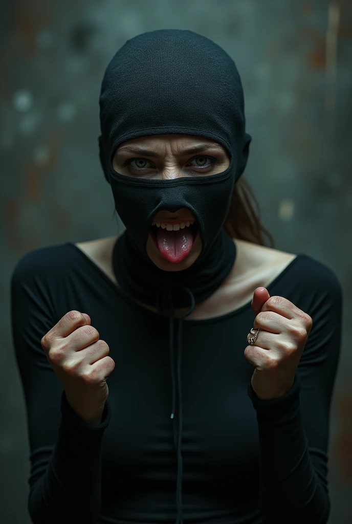 a drawing of a woman with a balaclava covering her eyes, and a tie around her neck, trending on deviantart, given, with her mouth open with her tongue pierced, alternative album cover, dark metal art only, deadly fists, dark illustration , strangled with rope, dark surreal art, silent, anatomically correct, super detail, high details, highres, 4K