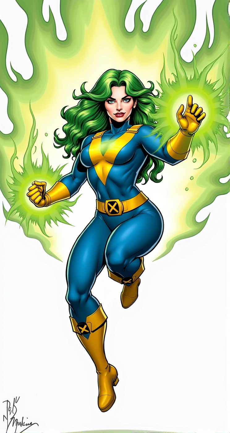 Lorna Dane, polaris x-men, (green thick wavy long hair:1.4), wearing a blue costume, with yellow xmen belt, yellow glowes, yellow boots, flying in a energetic force field, (she's using  her green power:1.3), (comic style:1.4)