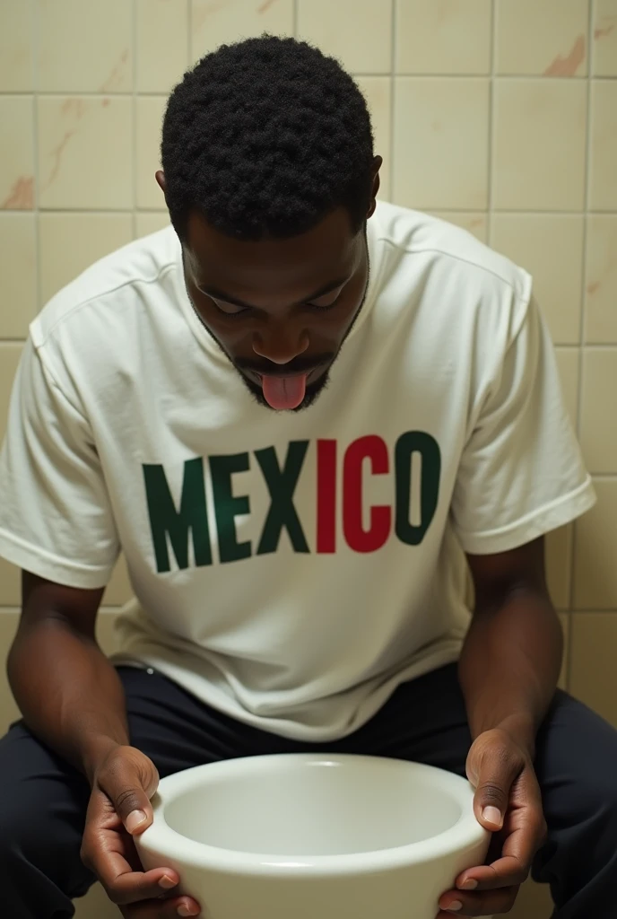black man licking toilet bowl in bathroom wearing mexico t-shirt