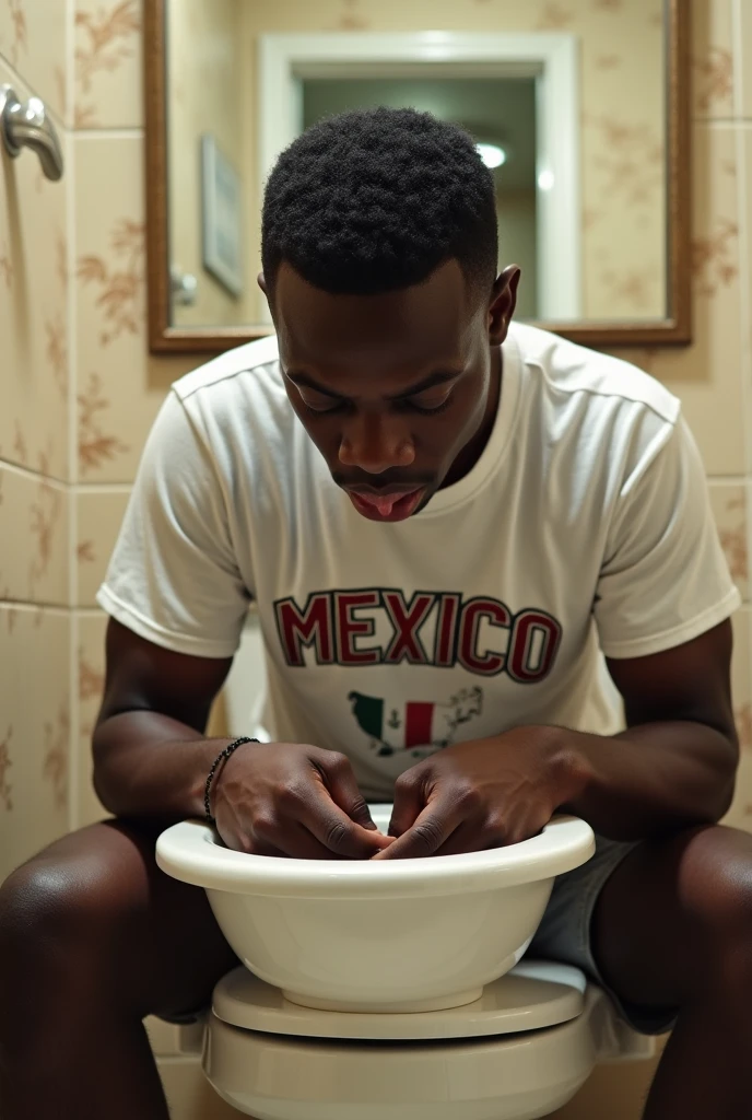 black man licking toilet bowl in bathroom wearing mexico t-shirt