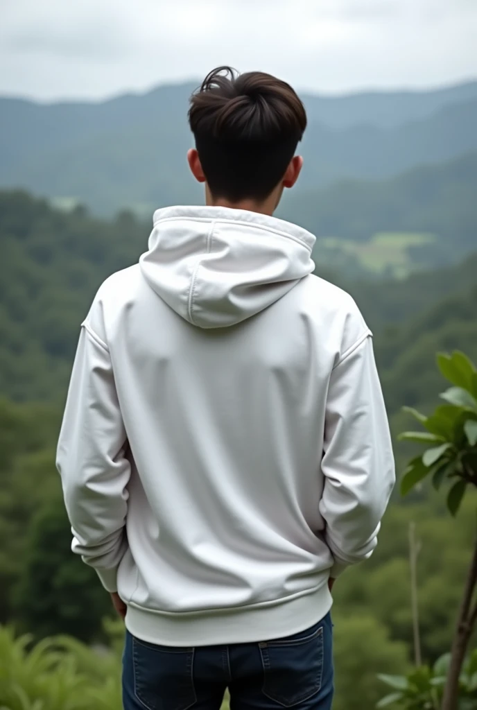 Young man with a white hoodie, back to camera, in Ecuador