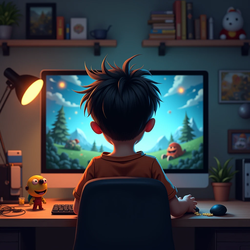 A back pic of lil boy who gaming on his PC