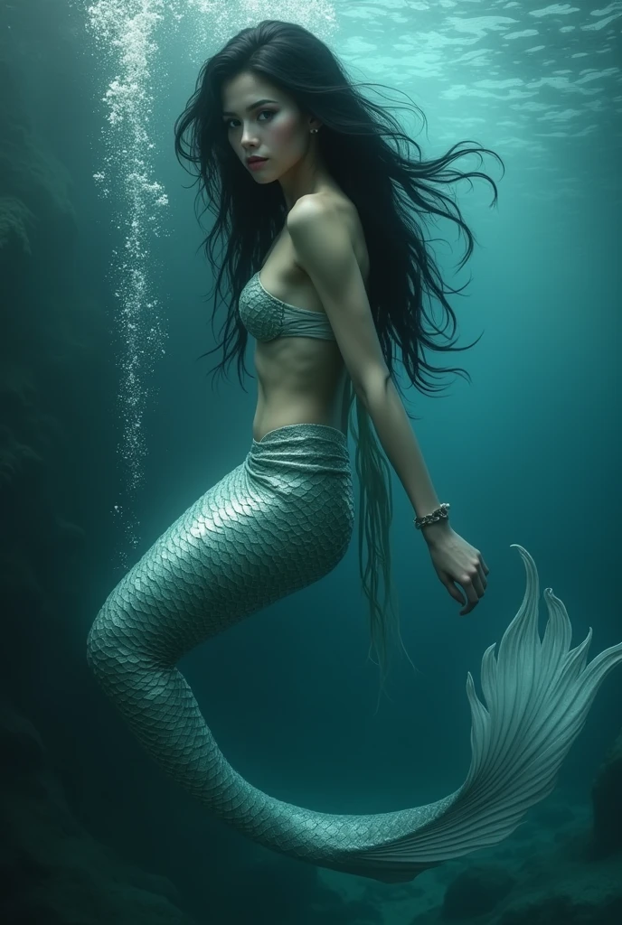 woman, black hair, mermaid type, long fish tail, mythological being, underwater, looking at the camera, photorealistic
