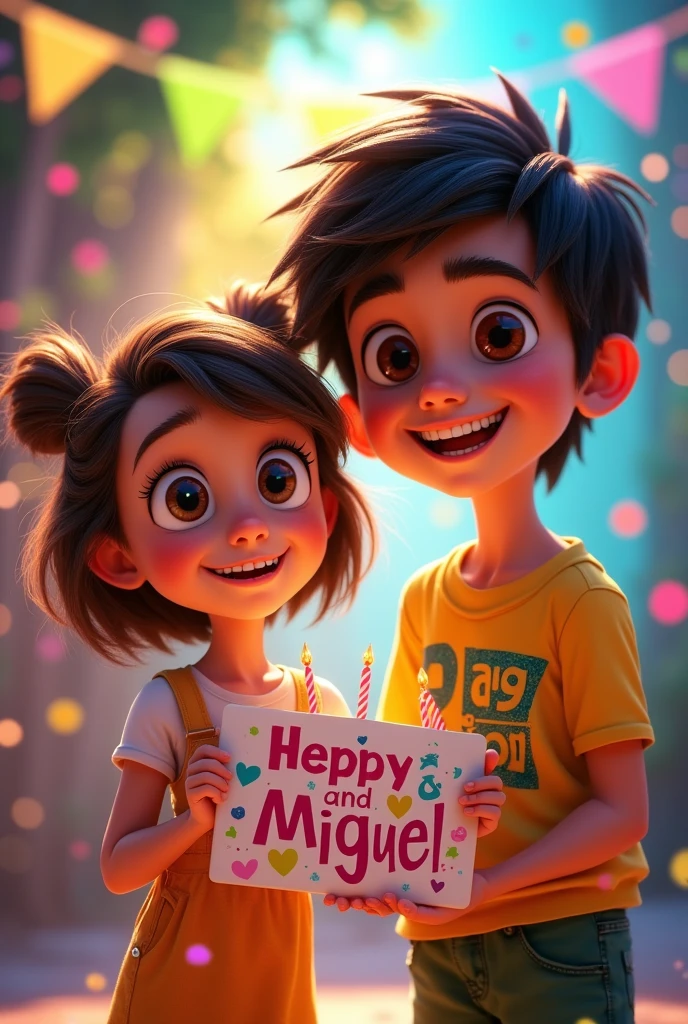 A vibrant and colorful scene with a Brazilian girl child of approximately , short with light brown eyes, long hair and fair skin, against the backdrop of the emotions of Inside Out 2. She is accompanied by a tall Brazilian teenager ofroximately 13 years old wir, wearing braces and dark brown eyes. They hold a Pixar-style birthday party invitation, with the text "Melina and Miguel, Pixar-Style Birthday Invitation." The overall image is happy, full of energy and shows the warmth of Brazilian culture.