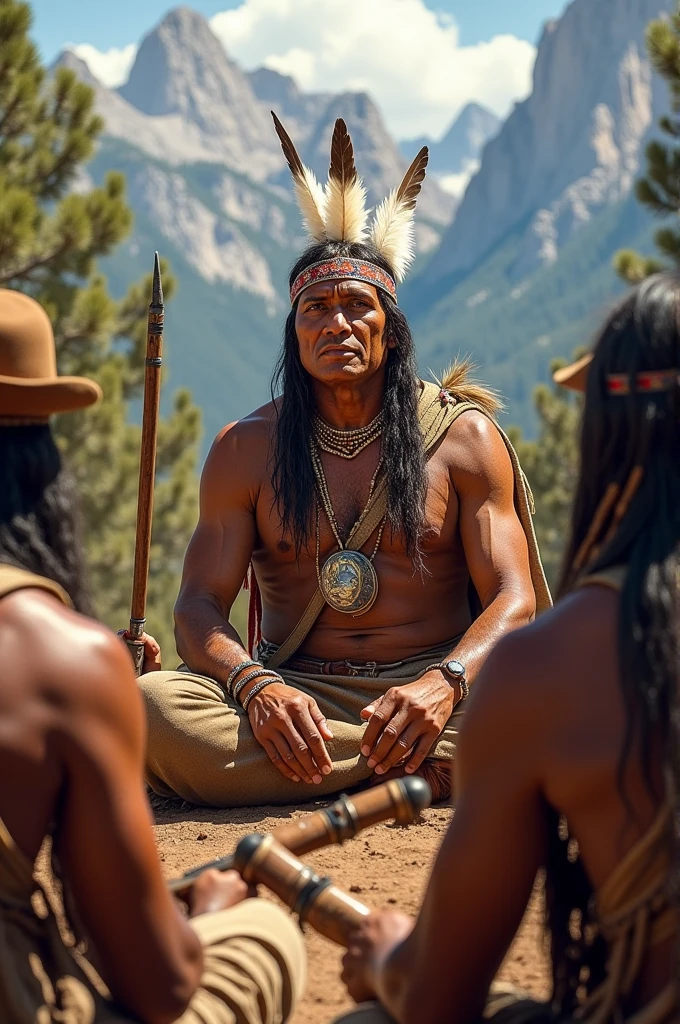 An Apache chief participating in a meeting with other leaders or settlers. create an image based on the message above