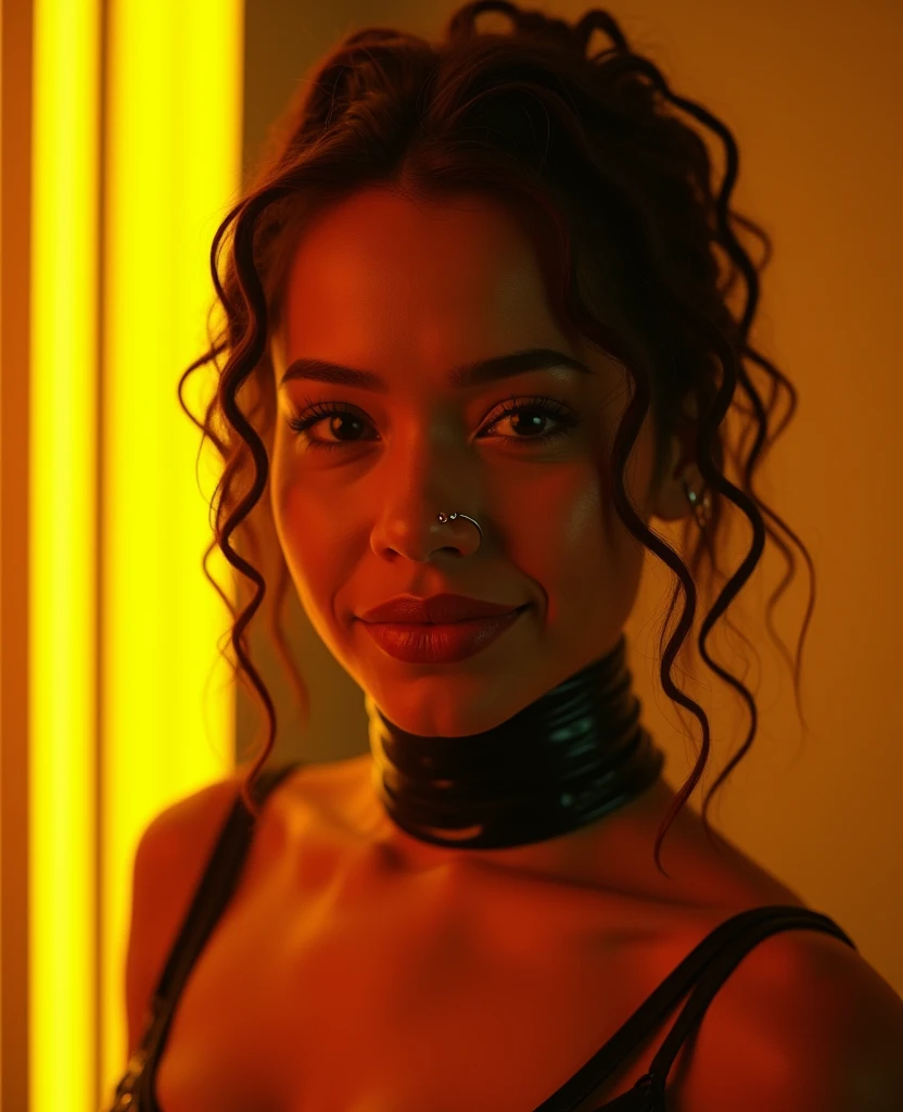 latina woman, young, naked, short curly braids, septum piercing, dimples, thick collar around neck, naughty expression, black latex, yellow neon lights, dominating smile, close-up, UHD, retina, masterpiece, accurate, anatomically correct, textured skin, super detail, high details, high quality, award winning, best quality, highres