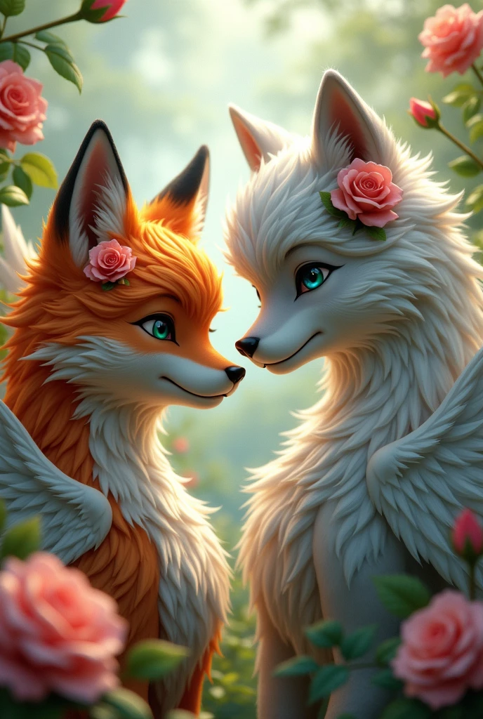 A fox demi with orange hair, green eyes, white wings and a rose in her hair and a wolf-Demi with grey-white hair, blue eyes, white wings and a rose in her hair and rose bushes in the background