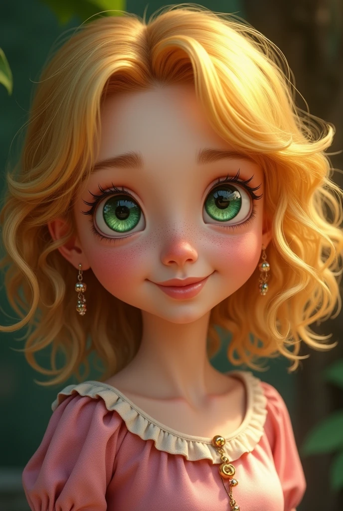 A 10 year old French girl from the 15th century, with a cute little face, slightly curly magical yellow hair, open green eyes, small nose, full lips, wearing a closed pink shirt