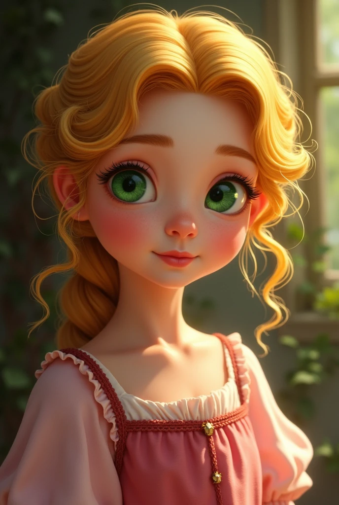 A 10 year old French girl from the 15th century, with a cute little face, slightly curly magical yellow hair, open green eyes, small nose, full lips, wearing a closed pink shirt