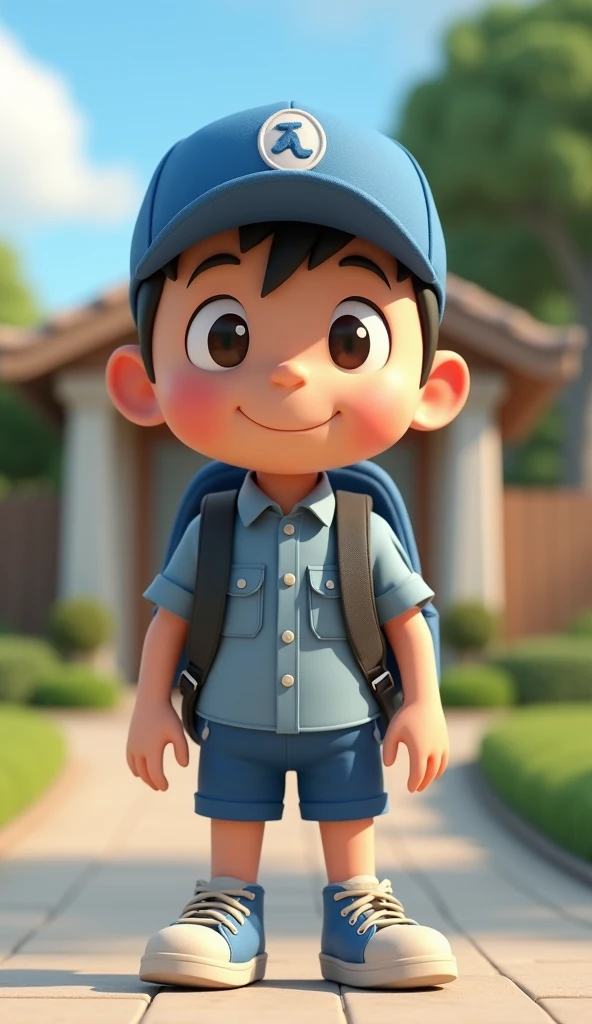 Nobi Nobita stands in front of the house wearing a delivery uniform., wears a backpack filled with packages, Sharp 3D image