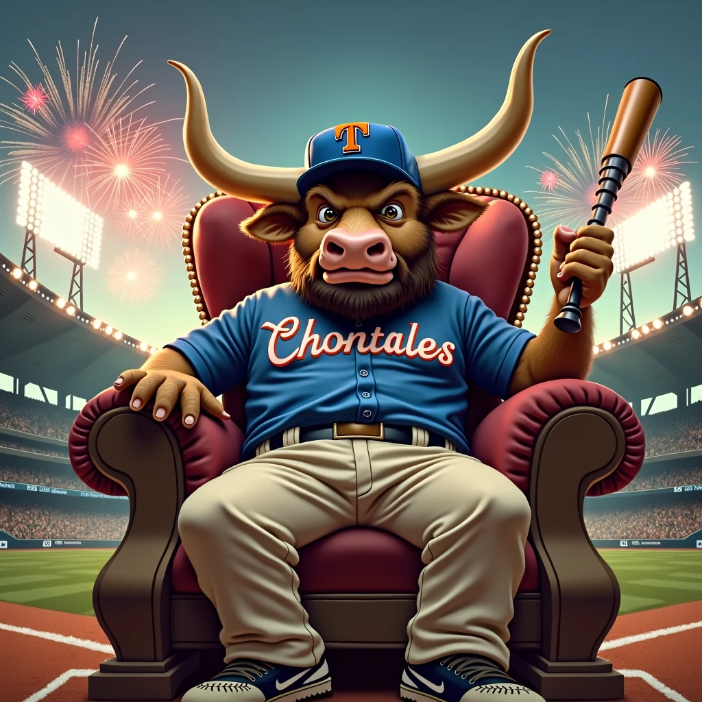 A giant, furious, beardless bull with a muscular body sits on a luxurious throne inside a baseball stadium. He has large horns and wears a cap with the letter 'T', a blue shirt that says 'Chontales', cream-colored baseball pants, and baseball shoes. In one hand, he holds a baseball bat. Fireworks explode in the sky.