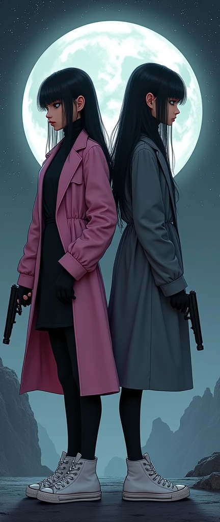 (Two young womens, long black hairs, yuri, Vampire Hunters

The first young women black eyes wear a pink long coat, black shirt, black pencil skirt, black underpants, black tights, black gloves, white sneakers high top.

The second young women black eyes wore a grey long coat, black shirt, black pencil skirt, black underpants, black tights, black gloves, white sneakers high top.

They are turn backs to each other, holding a pistol handguns, black grey sky, fantastic night sky, moon, cartoon novel, 4K, HD