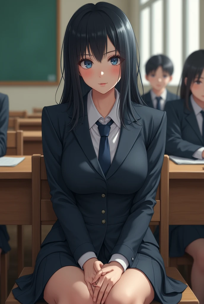 work of art, high qualiy, best qualityer, comely, High definition, realisitic, perfect lighting, face detailed, body detailed, 1womanl, Bblack hair, blue colored eyes, masculinity, school uniform suit, (monotonous expression: 1.5) (face natural: 1.5), sitting in classroom