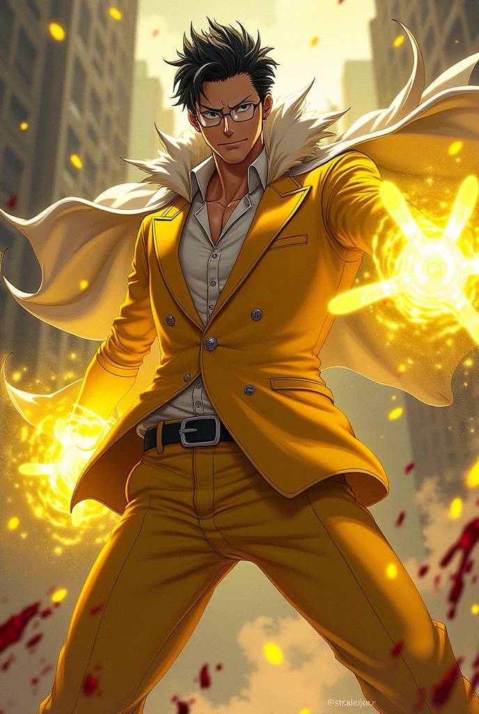 Admiral Kizaru from One Piece with a white cape in a fighting pose with blood with a yellow suit that his suit has lines that the character wears glasses and short hair, that he has a very relaxed expression, that he is tall and skinny with his yellow light power, that they are a 44-year-old person without gray hair