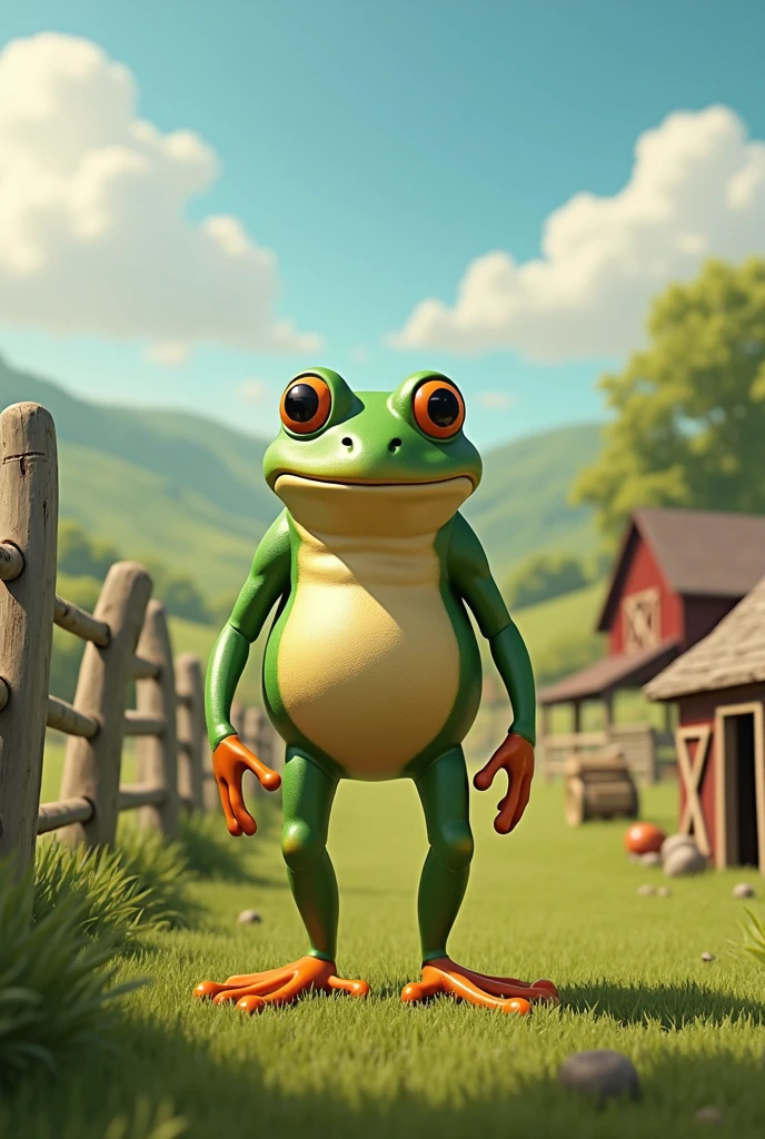 Humanoid frog , classic style,  during a sunny day, in a Farm