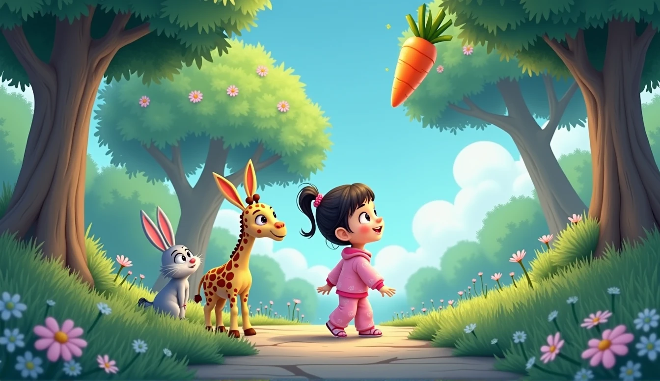 cartoon little hare, a stuffed giraffe toy and a little cartoon girl in pink pajamas looking at a tree with a carrot stuck on it
