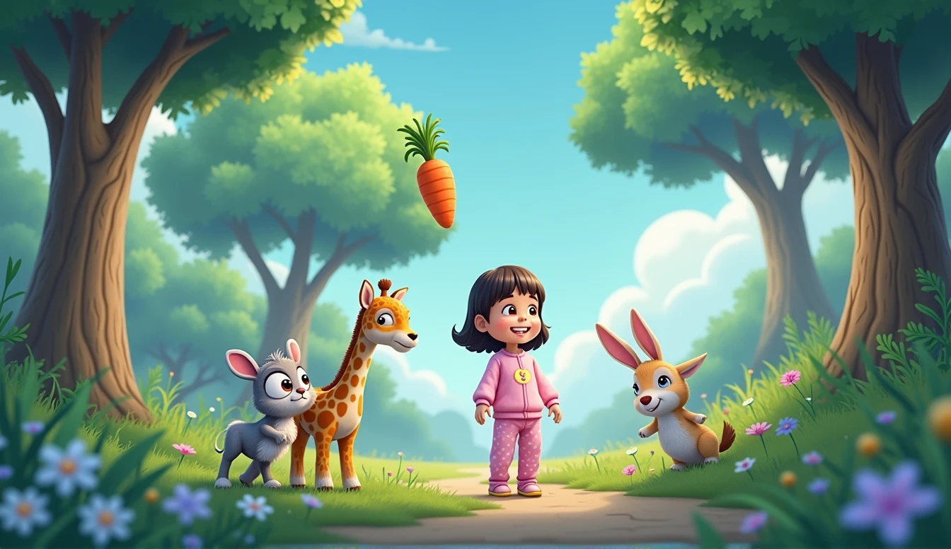 cartoon little hare, a stuffed giraffe toy and a little cartoon girl in pink pajamas looking at a tree with a carrot stuck on it