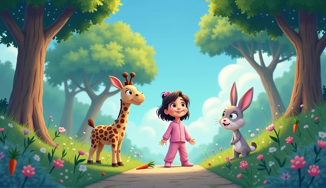  cartoon little hare, a stuffed giraffe toy and a little cartoon girl in pink pajamas looking at a tree with a carrot stuck on it