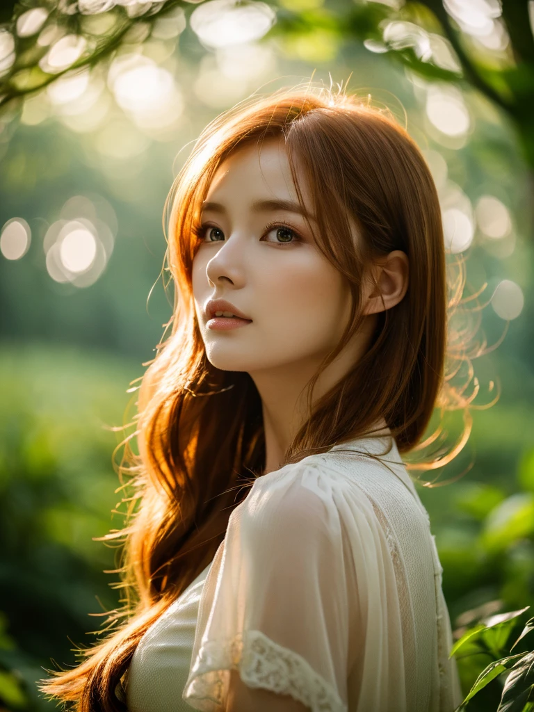 a beautiful detailed asian redhead girl, delicate facial features, wearing an elegant elven dress, in a lush forest near a lake, wind blowing through her hair, (best quality,4k,8k,highres,masterpiece:1.2),ultra-detailed,(realistic,photorealistic,photo-realistic:1.37),detailed eyes,detailed lips,extremely detailed face,longeyelashes,fantasy,ethereal,cinematic lighting,dramatic lighting,warm colors,vibrant colors
