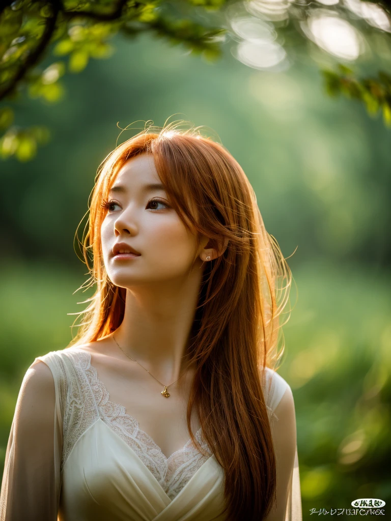 a beautiful detailed asian redhead girl, delicate facial features, wearing an elegant elven dress, in a lush forest near a lake, wind blowing through her hair, (best quality,4k,8k,highres,masterpiece:1.2),ultra-detailed,(realistic,photorealistic,photo-realistic:1.37),detailed eyes,detailed lips,extremely detailed face,longeyelashes,fantasy,ethereal,cinematic lighting,dramatic lighting,warm colors,vibrant colors