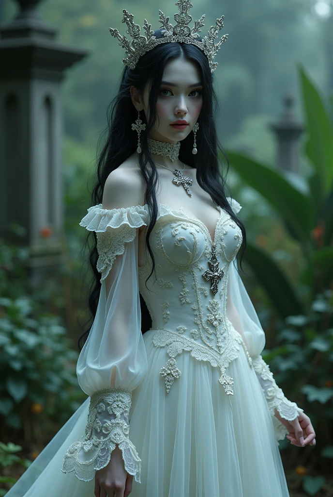 Imagine a pale-skinned vampire with black hair and dark eyes, dressed in a white wedding gown with elven sleeves. Her accessories are silver or black crucifixes, Victorian style, similar to a detailed veil of death. She is in a cemetery with many plants, bathed in beautiful light.