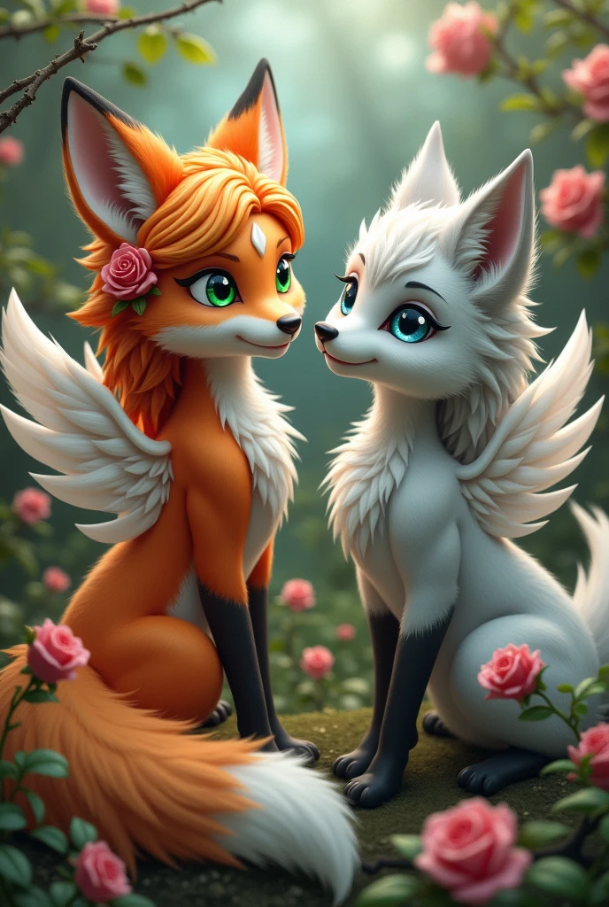 A fox demi with orange hair, green eyes, white wings and a rose in her hair and a wolf-Demi with grey-white hair, blue eyes, white wings and a rose in her hair and rose bushes in the background