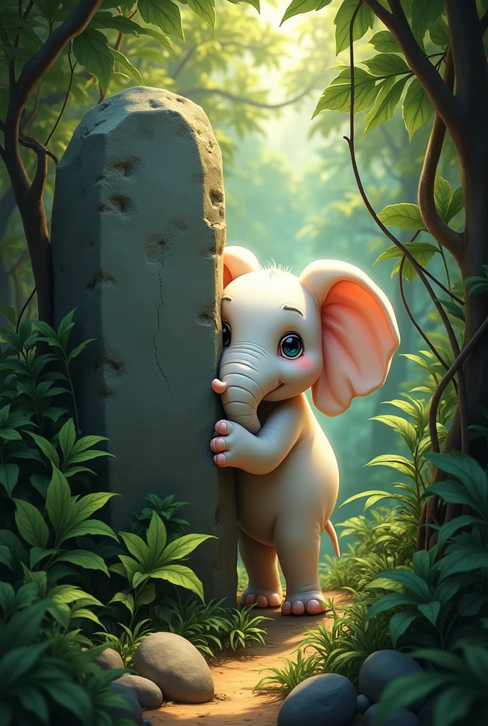 Purani big stone ke piche kuch chamak raha hai in jungle ismai ek cute white elephant add karo jiski badi badi ankhe ho