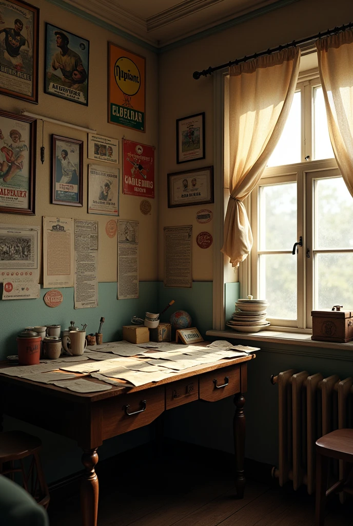 A simple and modest room, with walls covered in old football posters, many of them worn and faded with time. A partially open window lets in soft light, highlighting a desk full of newspaper clippings and notes.realista,cinematic,8k 