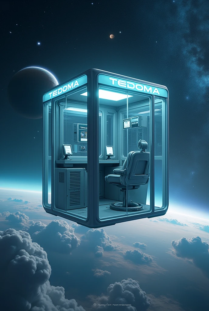 Há uma cabine telefônica flutuando no universe, planetes, Star dust, rendered in keyshot, police station, futuristic cabins, cabine no estilo TRON LEGACY, cabin made of glass, transparent cabins, universe, space sideral, represented as a 3D rendering, 3D rendering beep, space, phone booths, TEDOMA written at the top of the cabin, promotional rendering, sci-fi magic highly detailed.