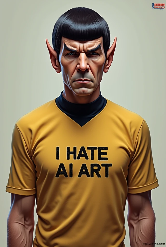 Spock from Star Trek wearing a t-shirt that says: I HATE AI ART