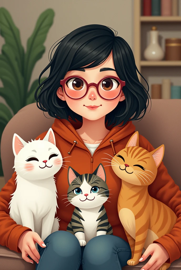 a girl, chubby, with short dark hair. with white skin and who wears glasses and works as a graphic designer and has three cats and a dog nearby, the three cats are, one white, one orange and another striped one and next to its caramel puppy too