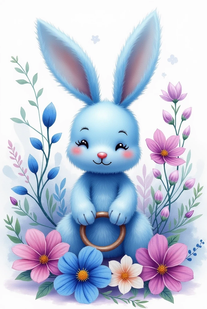 Generate a blue coloured bunny rattle amigurumi watercolor image surrounded by magical flowers