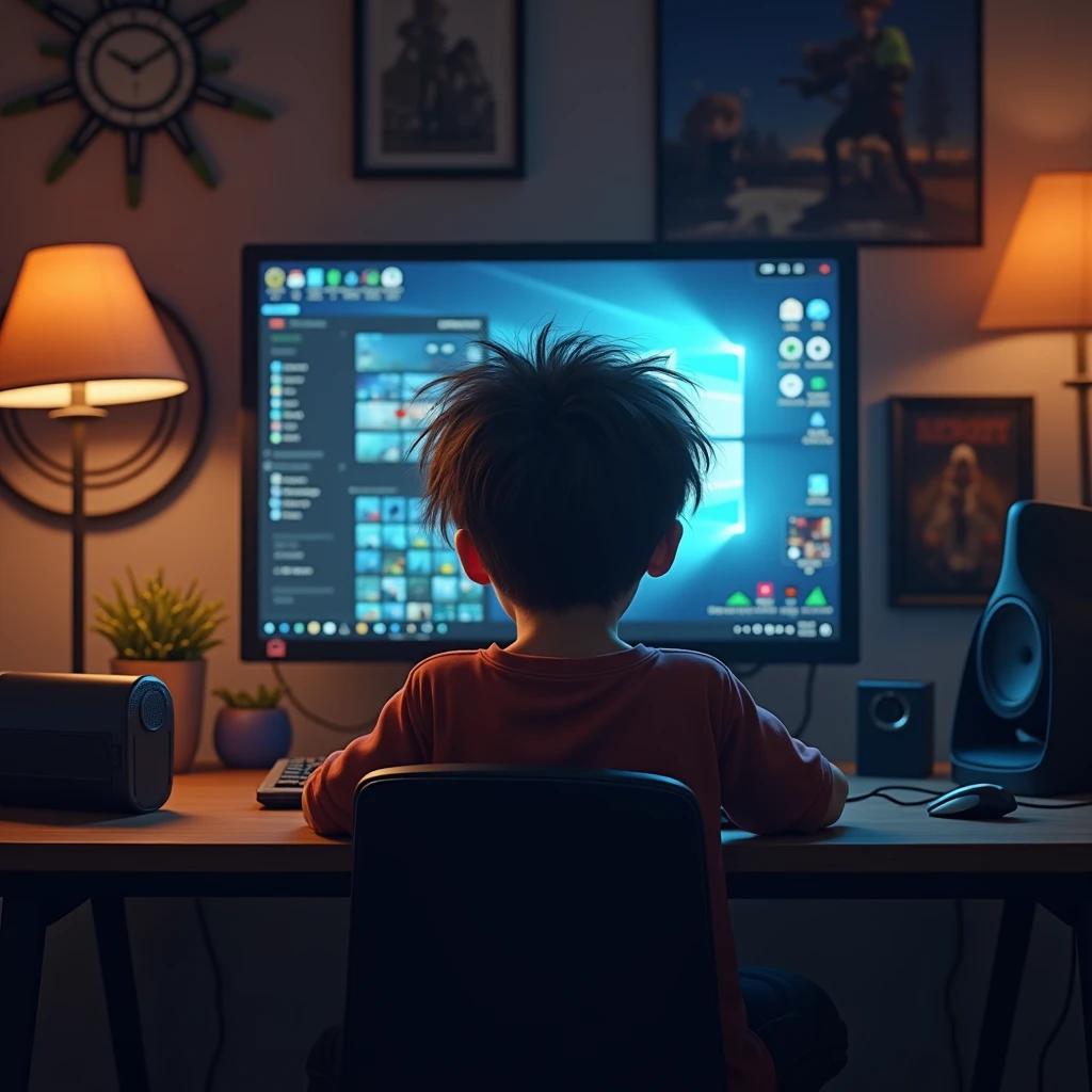 A back pic of lil boy who gaming on his PC