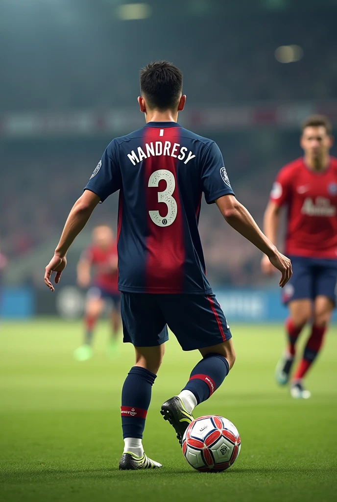 Un jeune homme porte le maillot de paris saint germain anomme"MANDRESY"au dos ,numero 3 qui drible avec l'adverssaire sur le terrain de foot