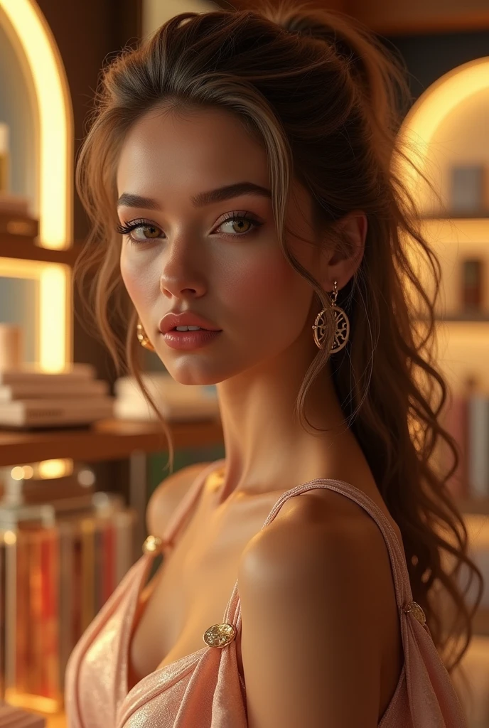 a beautiful, professional e-commerce website, 1girl, detailed face, detailed eyes, detailed lips, beautiful hair, elegant dress, luxury shop interior, high-end products, natural lighting, warm color tones, glossy materials, 4k, ultra-detailed, photorealistic, masterpiece