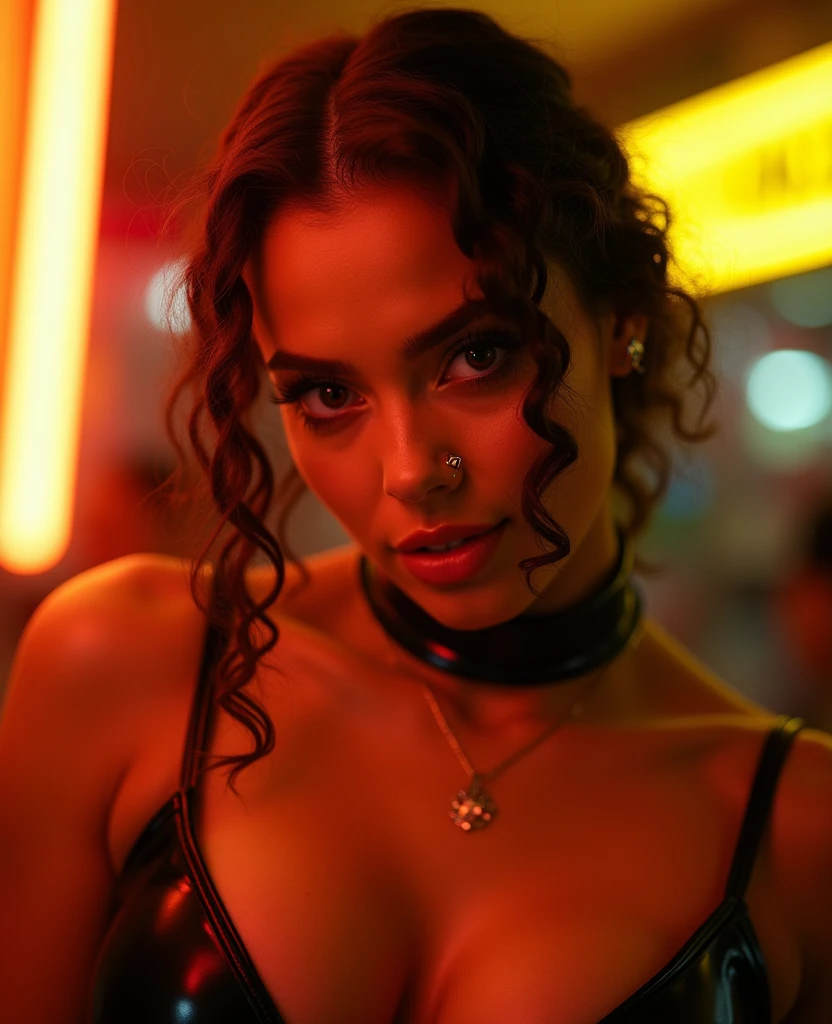 latina woman, young, naked, short curly braids, septum piercing, dimples, thick collar around neck, naughty expression, black latex, yellow neon lights, dominating smile, close-up, UHD, retina, masterpiece, accurate, anatomically correct, textured skin, super detail, high details, high quality, award winning, best quality, highres
