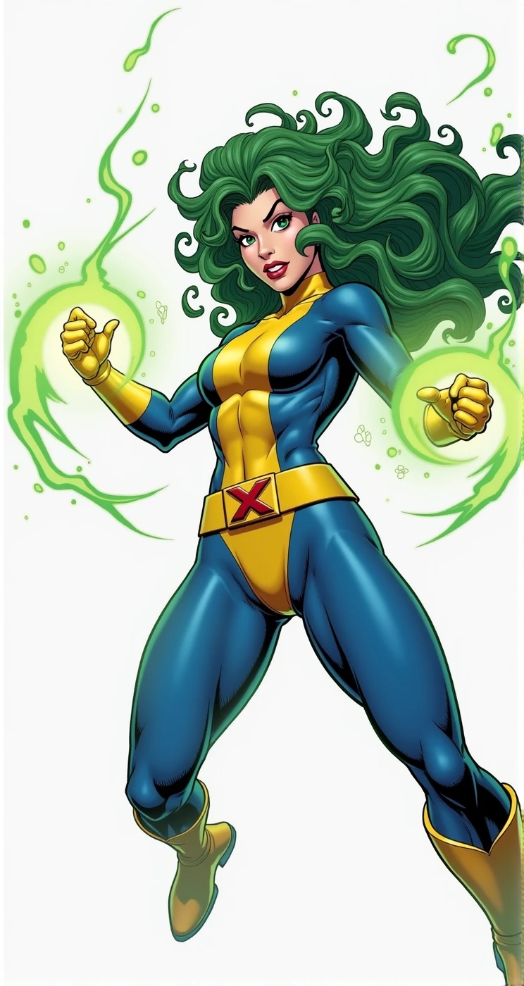 Lorna Dane, polaris x-men, (green thick wavy long hair:1.4), wearing a blue costume, with yellow xmen belt, yellow glowes, yellow boots, flying in a energetic force field, (she's using her green power:1.3), (comic style:1.4)