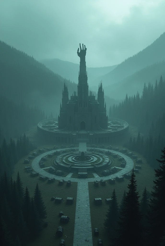 A large mountainous forest with an air of misty clouds, where small houses dot the landscape inside the forest, all of them radiating outwards in a circular pattern towards a grand palace. The small houses and the palace, which sits in the middle with 'Monta' inscribed on it, are all connected. The forest's vast expanse is immense, with countless tiny houses scattered throughout. The air of the forest is like night. The grand palace in the center must be clearly visible, a desolate palace with a ghostly figure, appearing as a hand with clenched fists raised high, shouting.